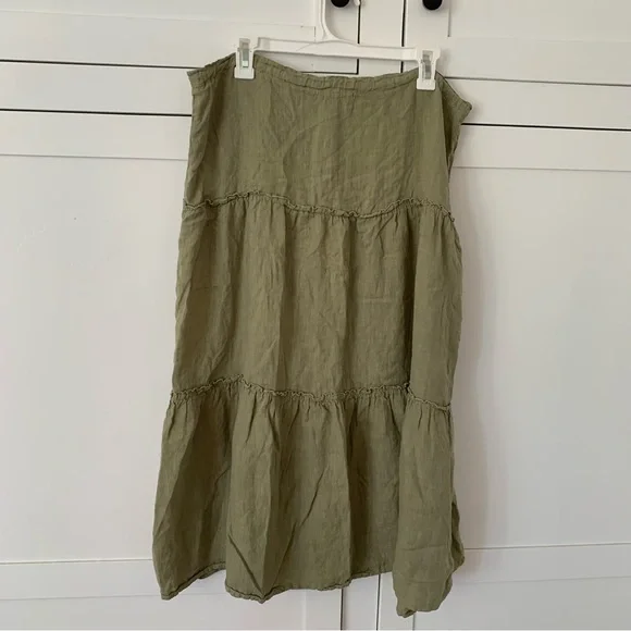 Cut Loose Green Linen Tiered Midi Skirt Size Medium - Picture 2 of 6